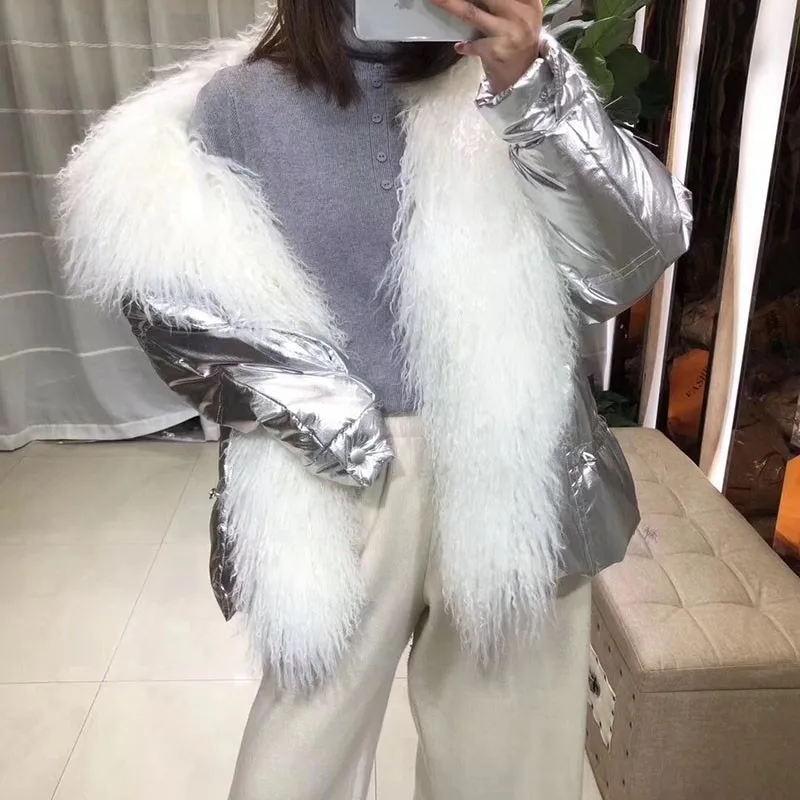 Silver Модная зимняя куртка с меховым воротником, женский свободный короткий пуховик, куртка на белом утином пуху, Толстая теплая парка casaco для женщин YRF08 - Цвет: Silver