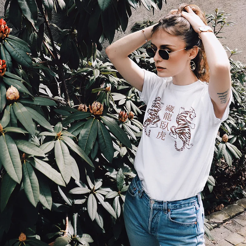 Tops Hot Tees Tiger Print Cotton T-shirt Women shirt Crouching Hidden Dragon Short Sleeve O-neck Casual Girls Top Shirt | Женская одежда