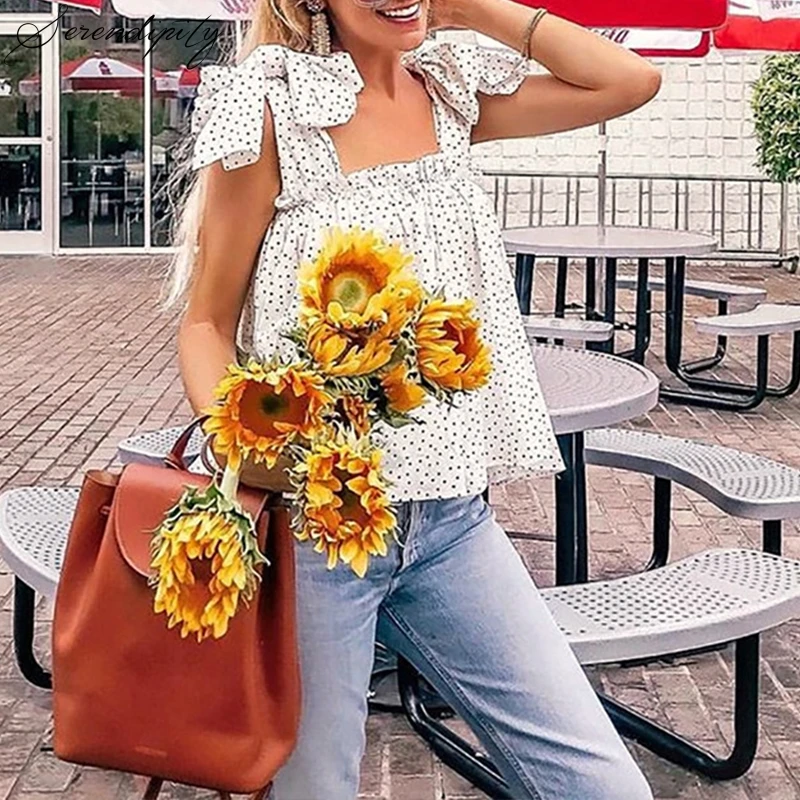 Женский шифоновый топ SRDP Свободный Белый Топ в горошек на шнурках 2019 | Женская