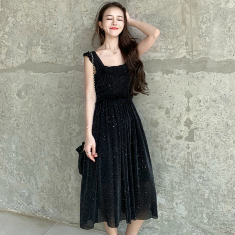 Plus Size Korean Sequin Dress Women Big Swing Midi Casual Black Vintage Elegant Dresses Ladies Vestidos Verano 2019 | Женская одежда
