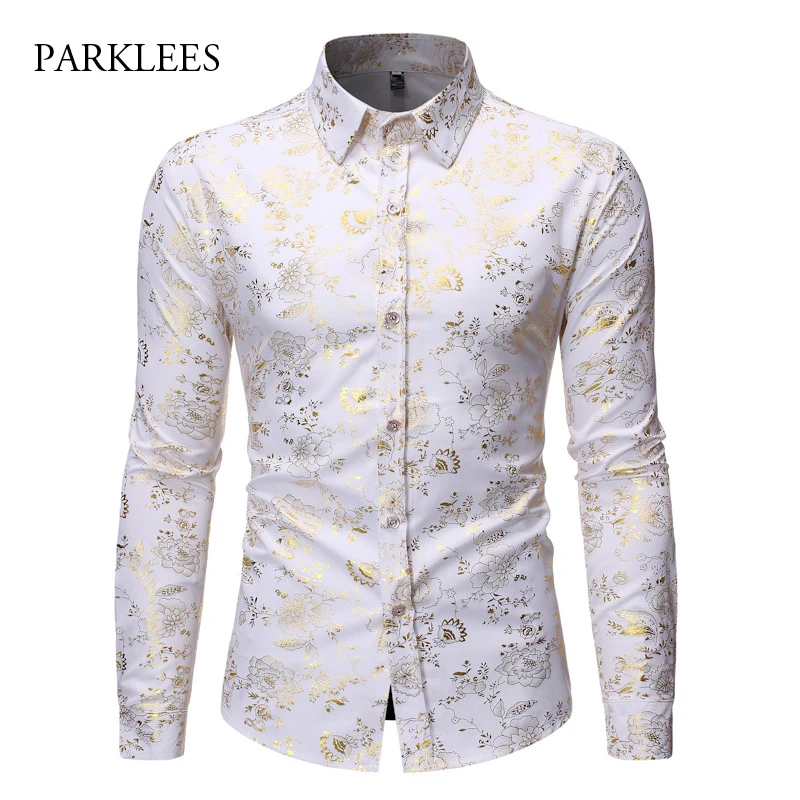Рубашка мужская с длинным рукавом Повседневная белая золотым бронзовым принтом