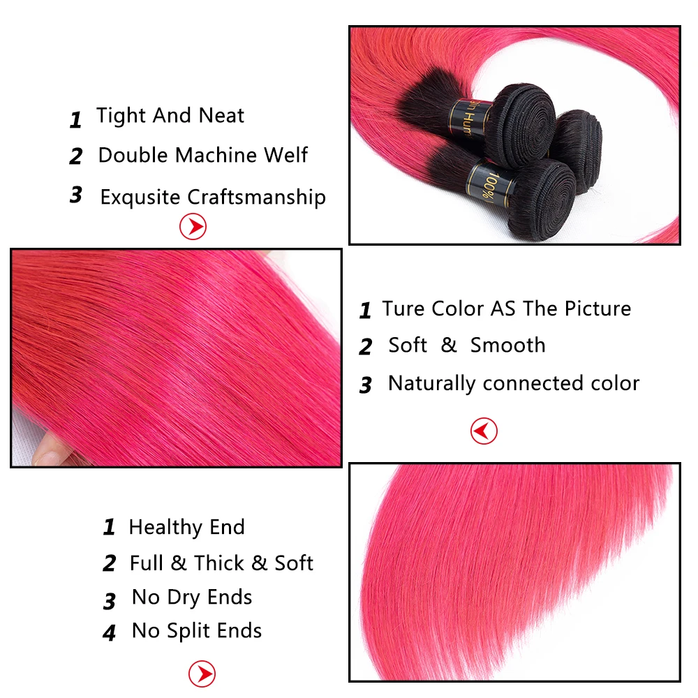 

QT Pink Human Hair 3 Bundles With Closure Dark Roots Rose Pink Ombre Brazilian Straight Hair With Lace Closure Non Remy Hair