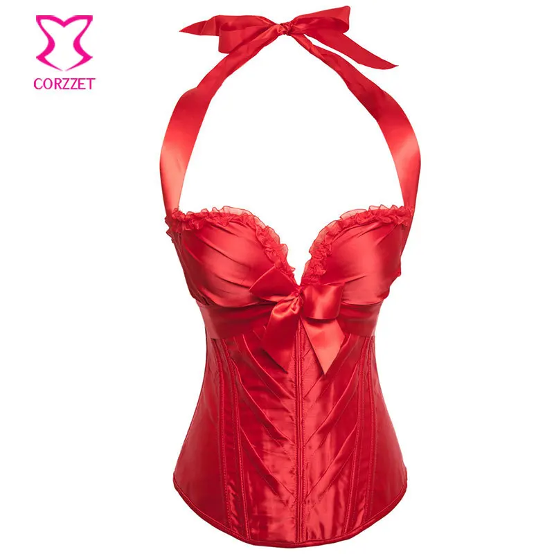 Burlesque Halter красный атласный корсет Overbust Женский 6XL сексуальные корсеты и