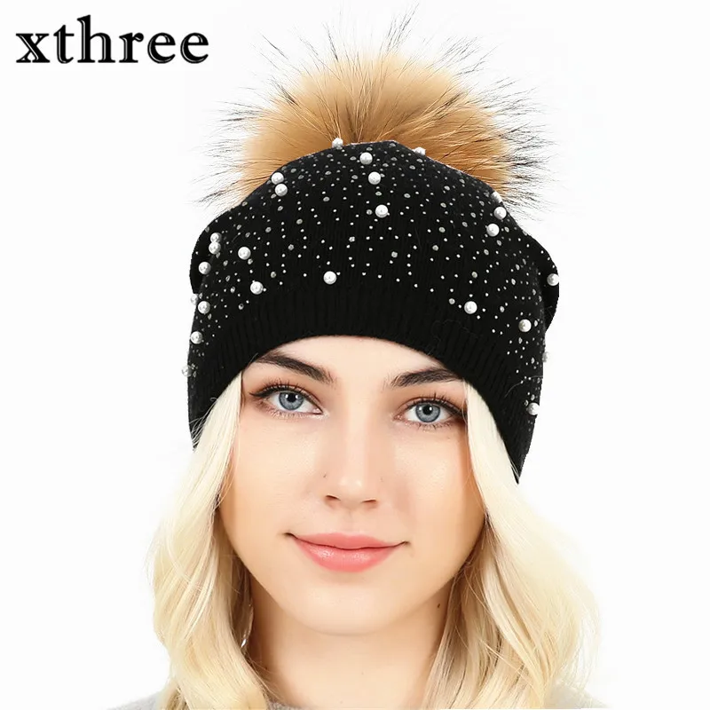 [Xthree] вязаная женская шапка, меховые шапки, дамские шапочки, шапка для девочки, Меховые помпоны и шерстяная вязаная шапка, новая Толстая Женская шапка