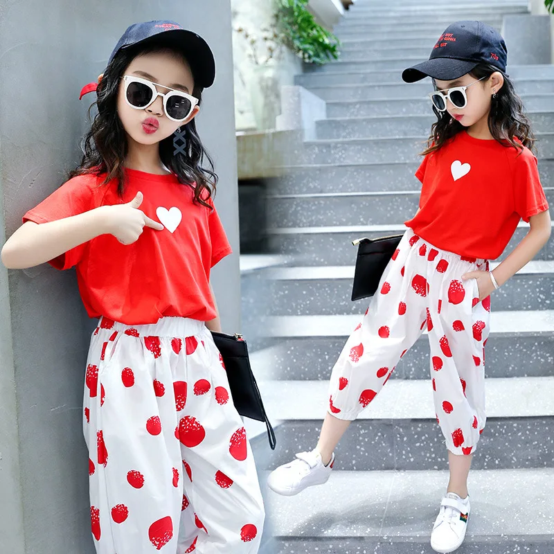 Летний комплект одежды для девочек подростков модная короткая футболка штаны в