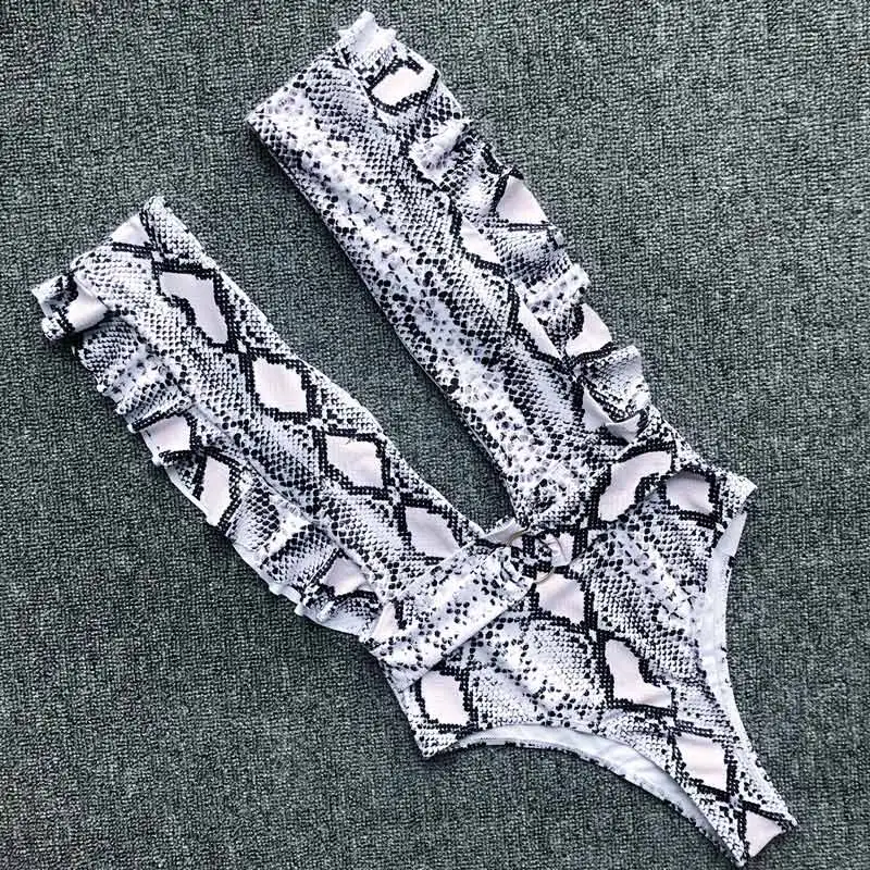 Snake Сексуальный цельный купальник с глубоким v-образным вырезом, женский купальник с высокой посадкой, неоновое бикини, пляжная одежда с оборками, купальник для женщин, боди - Цвет: Snake
