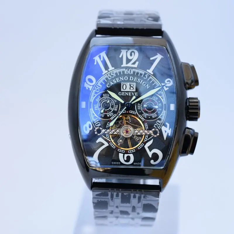 Черный CASENO Tourbillon Скелет автоматические механические мужские часы лучший бренд класса люкс военные спортивные часы из нержавеющей стали мужские часы - Цвет: Черный