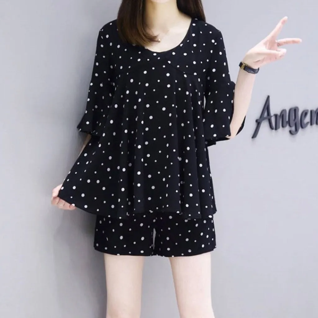 Модная женская с короткими рукавами волнистая точка o образным вырезом блузка