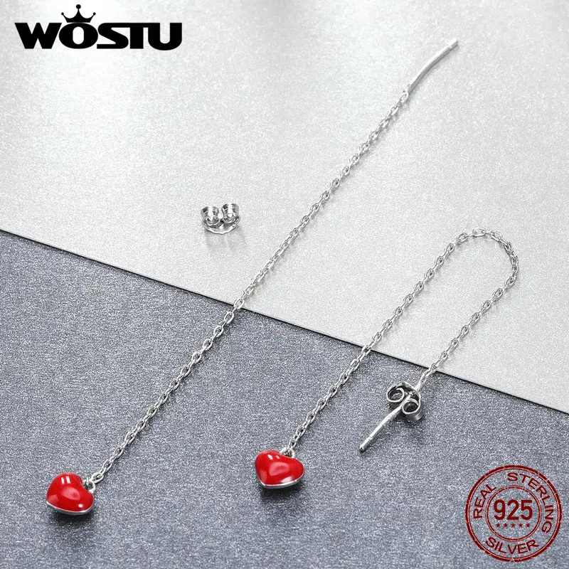 WOSTU,, настоящее 925 пробы, серебряные, милые, красное сердце, эмаль, длинные висячие серьги для женщин, модные серьги, ювелирное изделие CSE150
