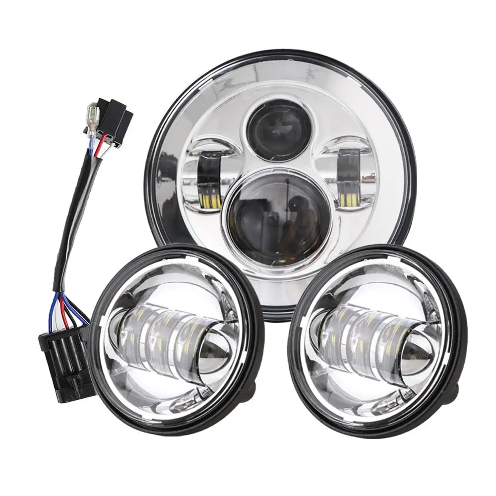

7 Inch Chrome LED Headlight+ 2x 4-1/2" Fog Light Passing Lamps for Motorcycle
