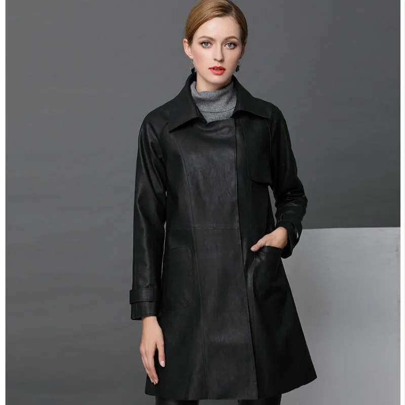 Women Fashion Autumn Winte PU Leather 2018 Black Full Sleeve Turn-down Collar Vintage Office Long Coat Work Ladies Outwear Coats