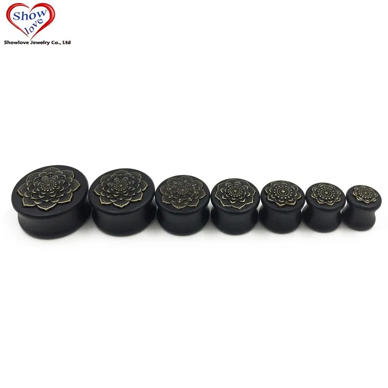 Showlove-пара черного дерева медная Мандала Цветочный логотип седло пробки ушной туннель пробки пирсинг-тоннель расширитель носилки