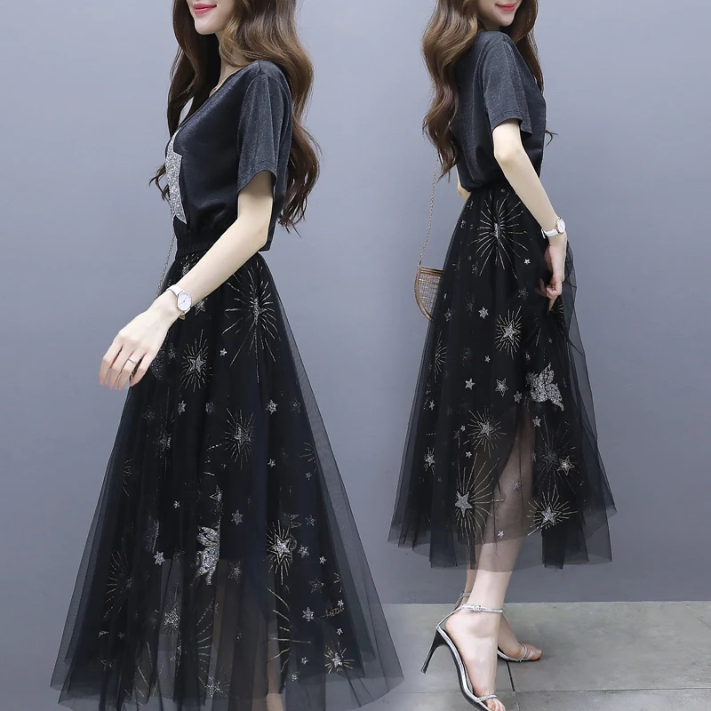 Комплект из 2 предметов платье женское сексуальное Сетчатое футболка с коротким