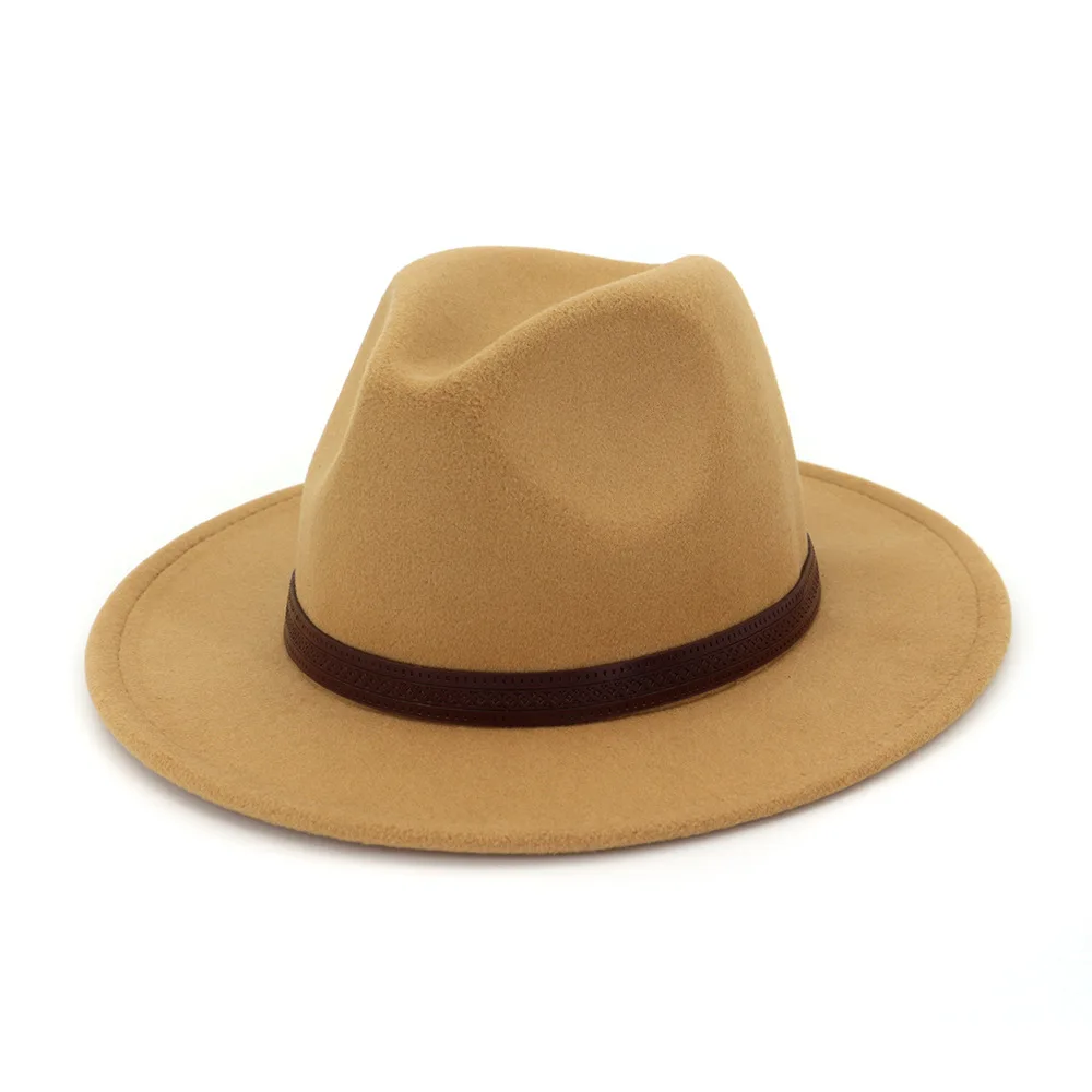QIUBOSS Панама Джаз Fedora кепка для женщин и мужчин Шерсть фетр остроконечные широкие полями Дерби шляпа кофе кожа Украшение Gambler Chapeau QB42