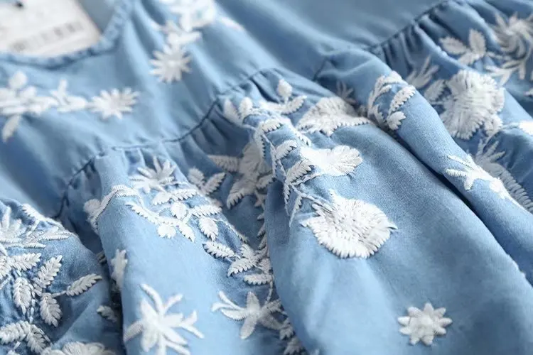 Женские джинсовые платья из тенсела с вышивкой V образным вырезом и короткими