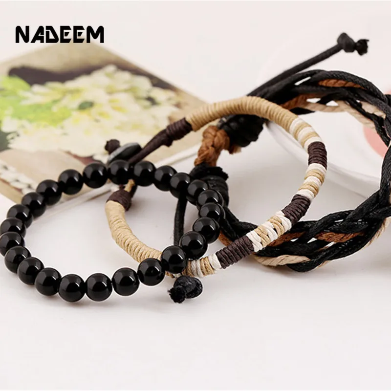 Мужской Многослойный кожаный браслет с бусинами NADEEM винтажный эластичный ручной