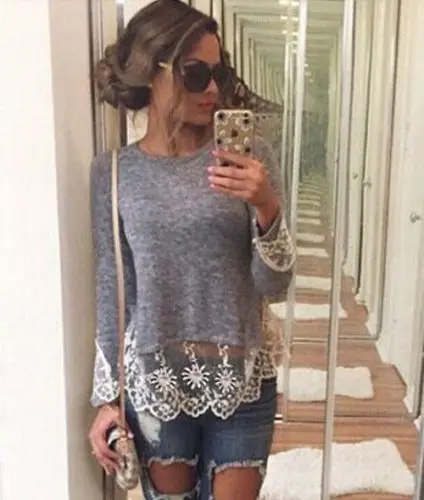 Осенняя Женская трикотажная тонкая футболка с вышивкой свободная длинным