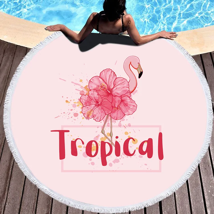 Фламинго микрофибра круглое пляжное полотенце 150 см банное с кисточкой принт