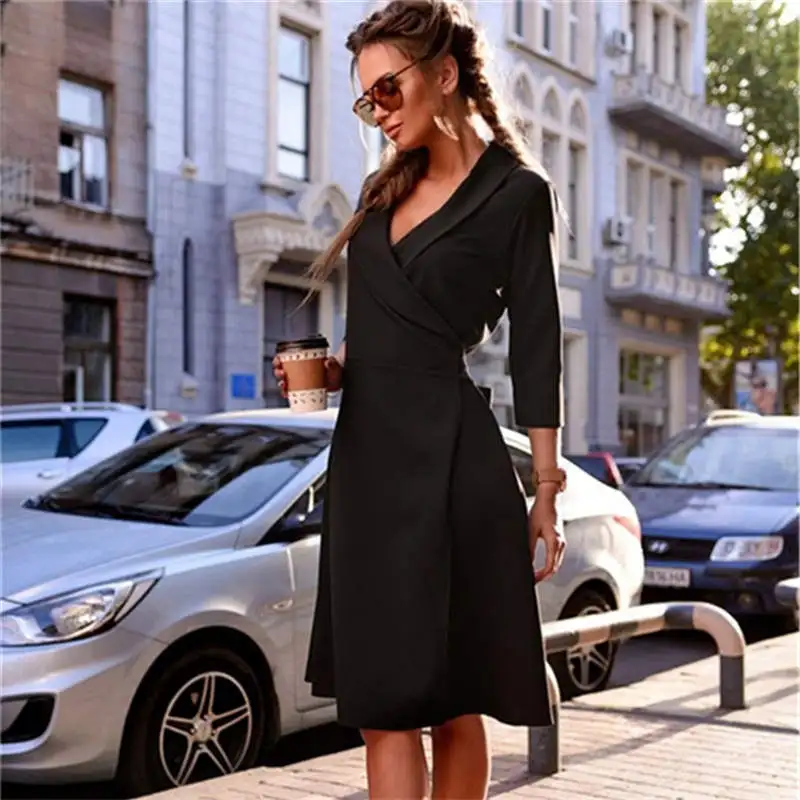 Черный Модное винтажное женское офисное платье трапециевидной формы Vestidos, Женские однотонные Сексуальные вечерние платья с v-образным вырезом и длинными рукавами YN3039 - Цвет: Черный