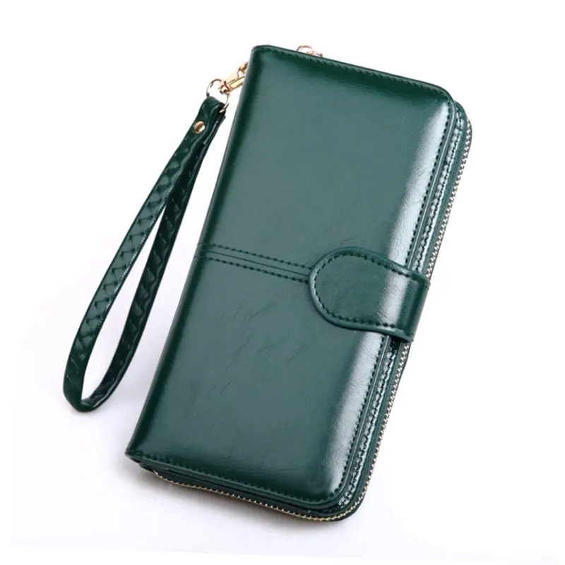 Green Long Женский кошелек, женский кошелек, женский кожаный кошелек, длинный тройной Кошелек для монет, держатель для карт, денег, клатч, браслет, многофункциональная молния - Цвет: Green Long