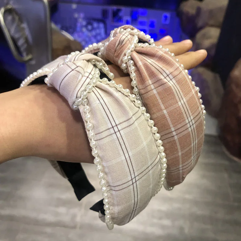 Этническая винтажная клетчатая повязка на голову с жемчужным узлом, аксессуары для волос, украшения для волос
