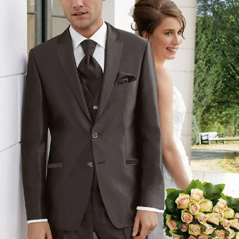 Two Button Brown Groom Tuxedos men suit Groomsmen Mens Wedding Suits Prom Bridegroom terno masculino (Jacket+Pants+Vest+Tie)