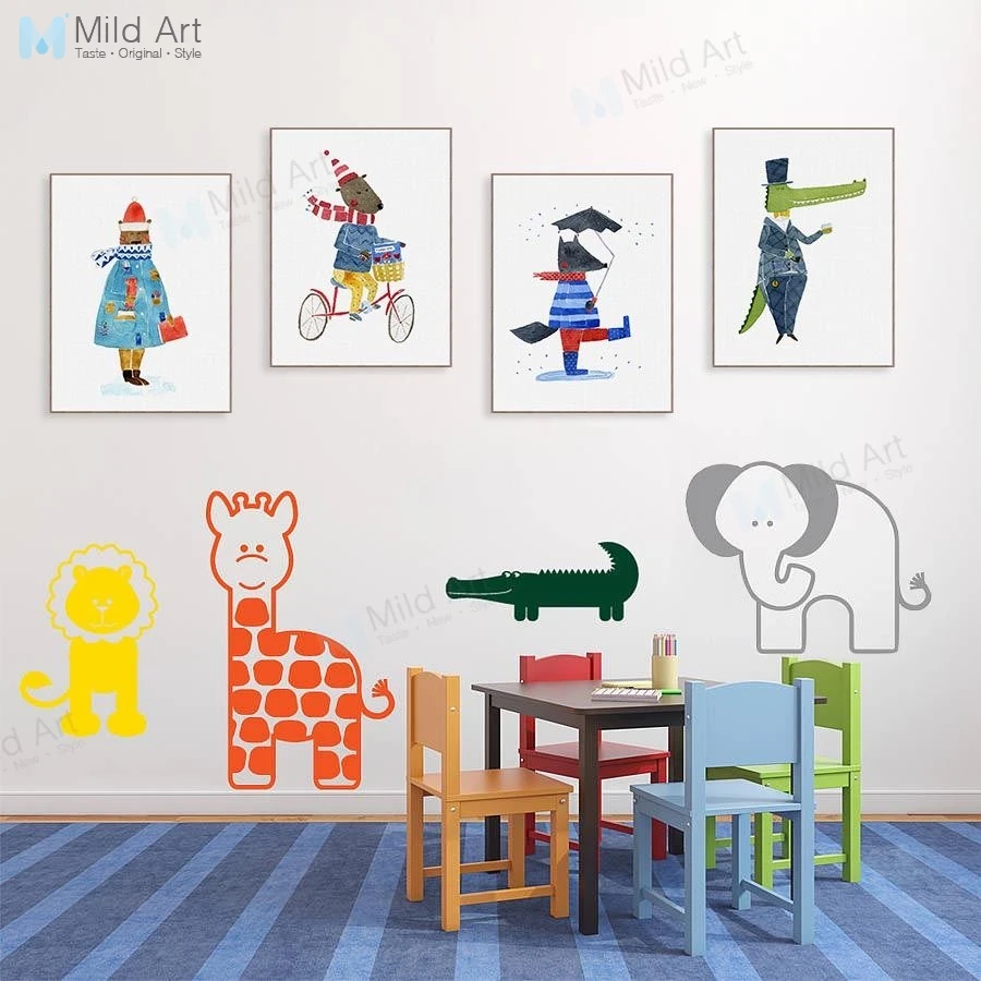 Акварельные кавайные животные собака лиса постер с изображением медведя и