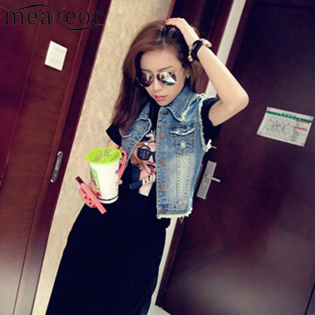 Turn Casual Women Down Collar Sleeveless Frayed Denim Vest Jacket | Женская одежда