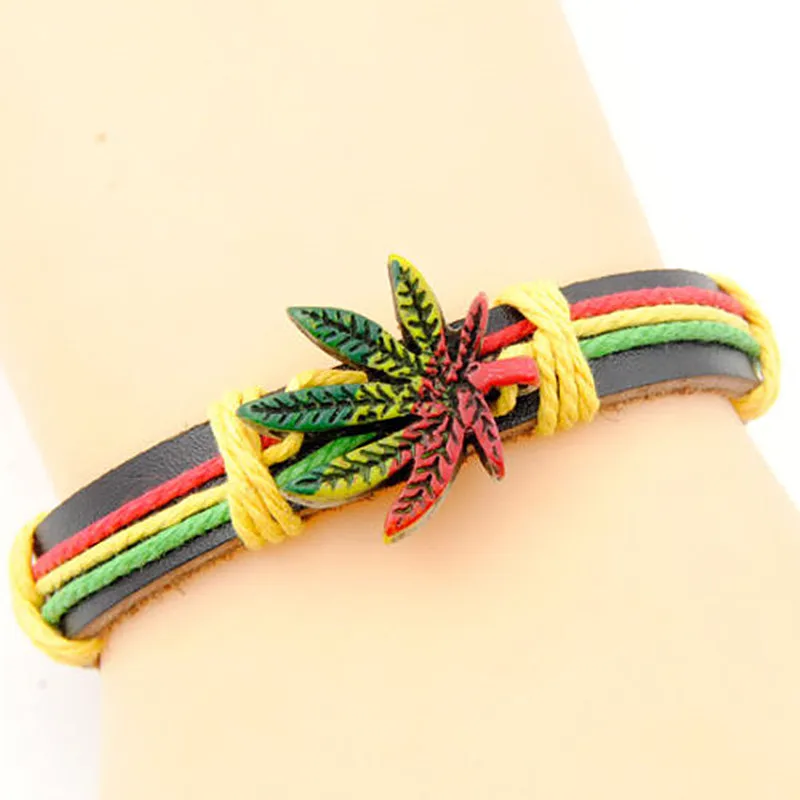 Модные кленовые листья Rasta Конопля обертывание кожаный браслет регулируемый