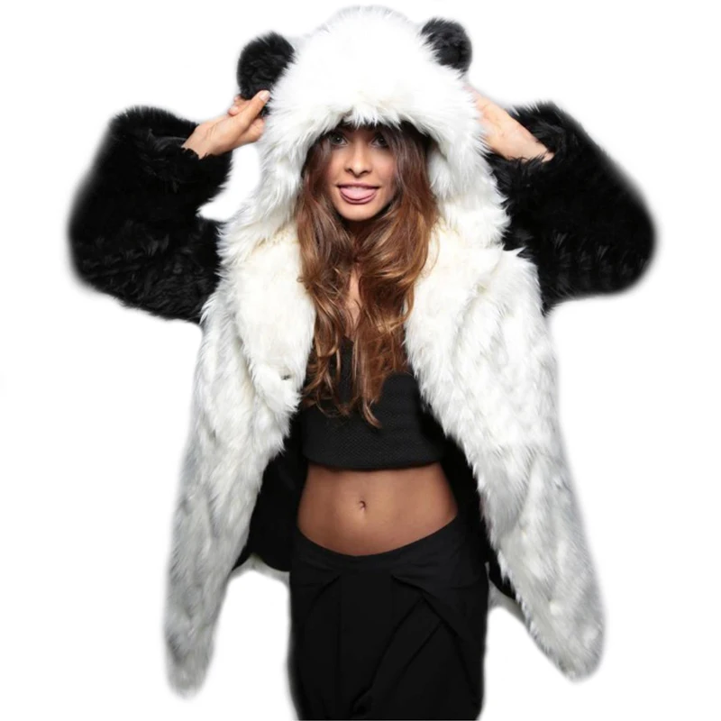 

Cute Panda Ear Faux Fur Coat Hooded Long Sleeve Warm Fake Fox Fur Coats for Women Winter Clothing Female Jacket LJLS027