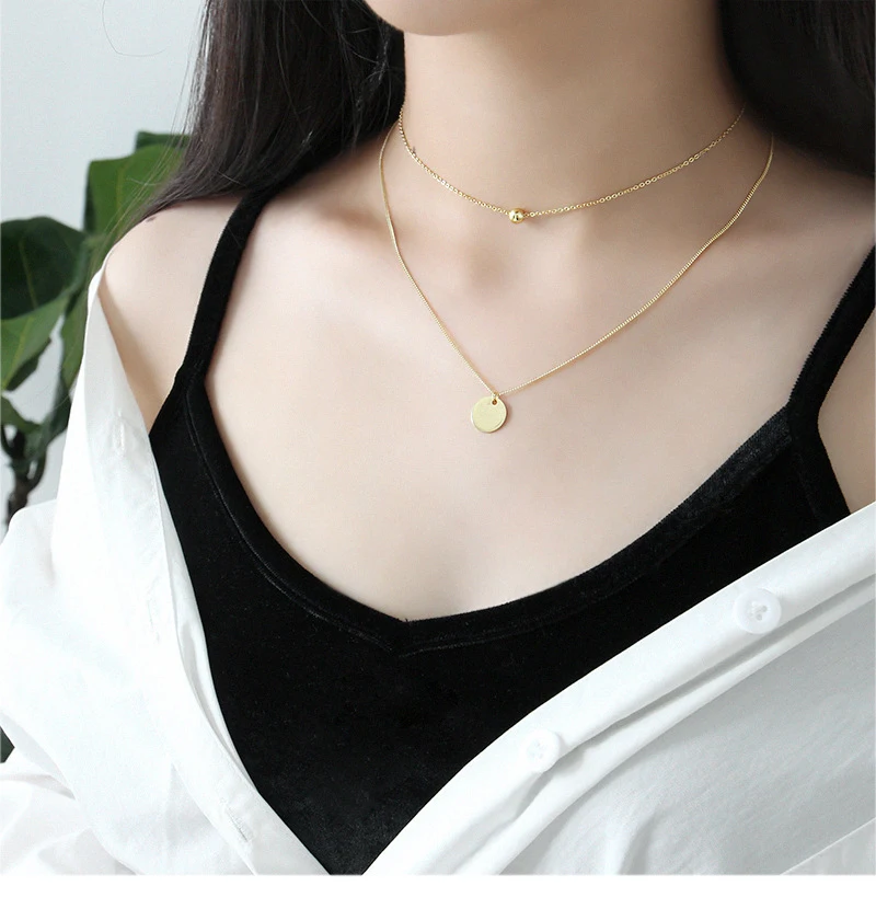 Genuine 925 Sterling Silver Necklace Geometric Round Beads Double Clavicle Necklace Chains Female Silver Jewelry