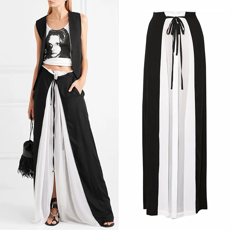 High Street  Lady Long Chiffon Women Skirt Pants Linen High Rise Chiffon Black Trousers Pleated pantalones mujer cintura alta