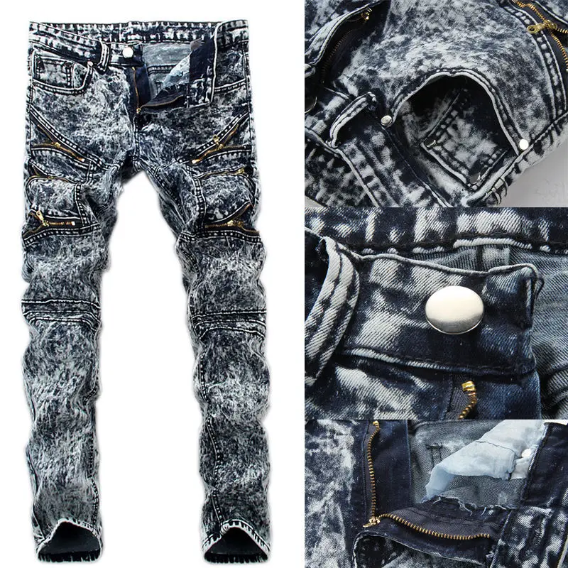 

Men's Skinny Biker trousers Destroyed Slim Fit Snow Denim Pants