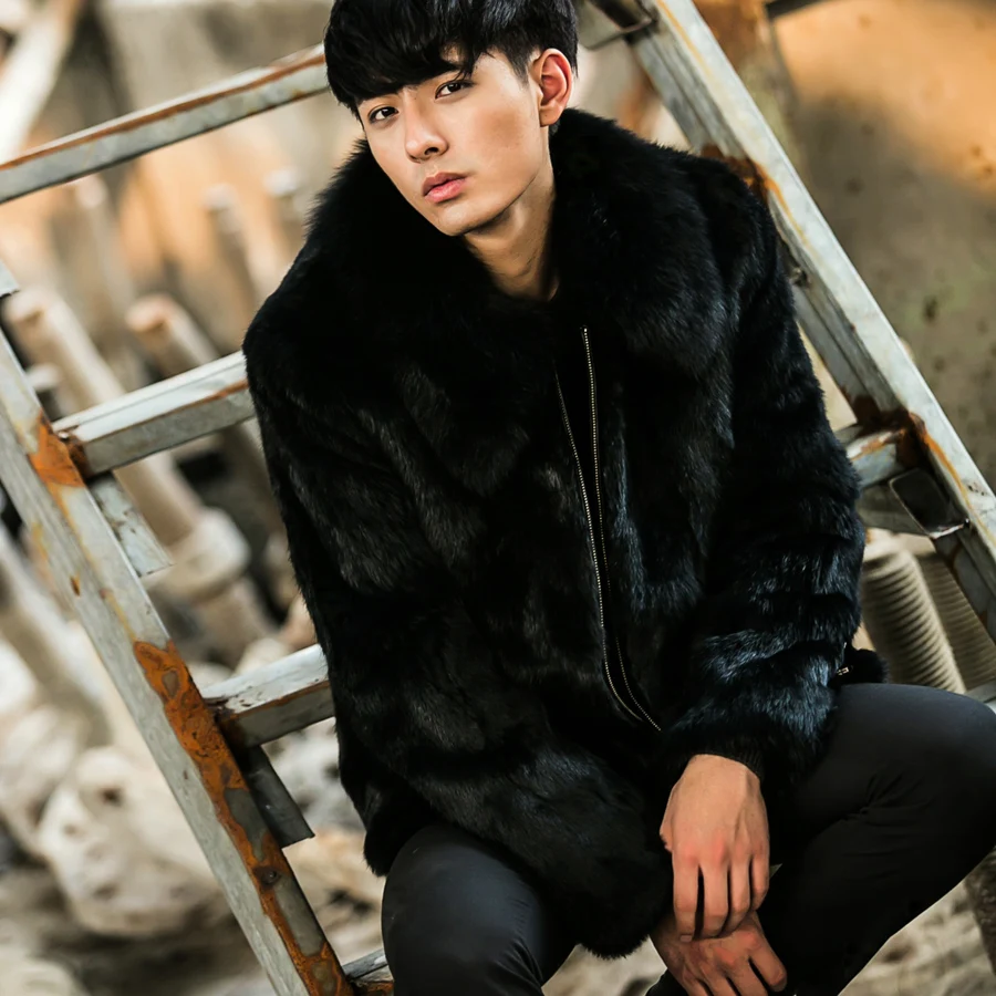 Для мужчин кожные кроличий мех Лисий воротник пальто с ветровка ceket одежда