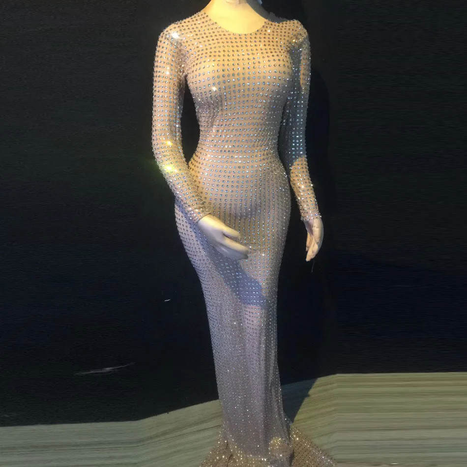 Блестящее длинное платье AB Стразы модное сексуальное облегающее цельнокроеное