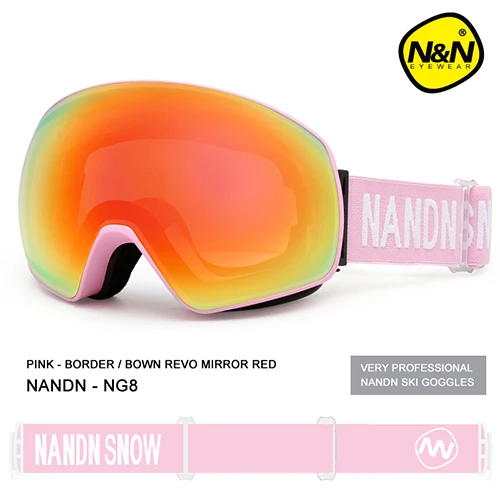Pink frame-Red NANDN, новинка, лыжные очки, двухслойные, UV400, анти-туман, большая Лыжная маска, очки для катания на лыжах, для мужчин и женщин, очки для сноуборда - Цвет: Pink frame-Red