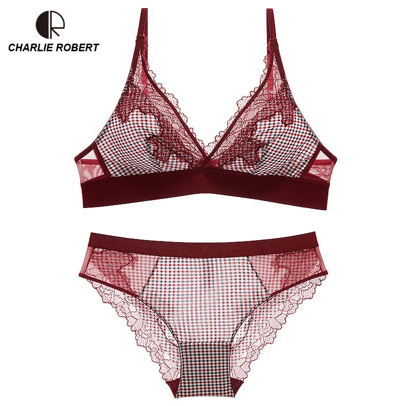 

CR Ladies Sexy Lace Wire Free Underwear Unlined Plaid Adjusted-straps Bra Sets Drop Shipping