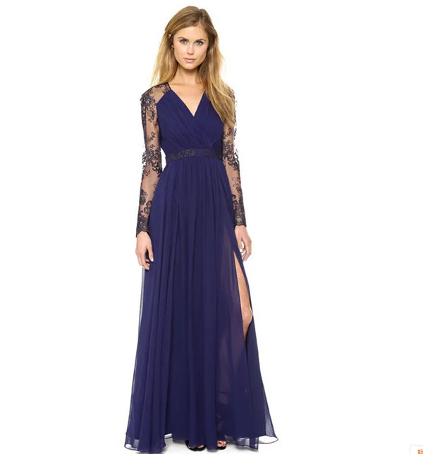 Long Dress Elegant Beach Selling V Neck long SleeveSplit Sexy With Knot Back wedding Vestido de festa lace dress | Женская одежда