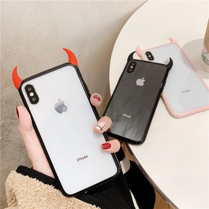 100 шт DHL iCasiber Милый Дьявол Рог чехол для iPhone XS Max XR XS 6 6S 7 8 Plus полная Защитная акриловая задняя крышка телефона