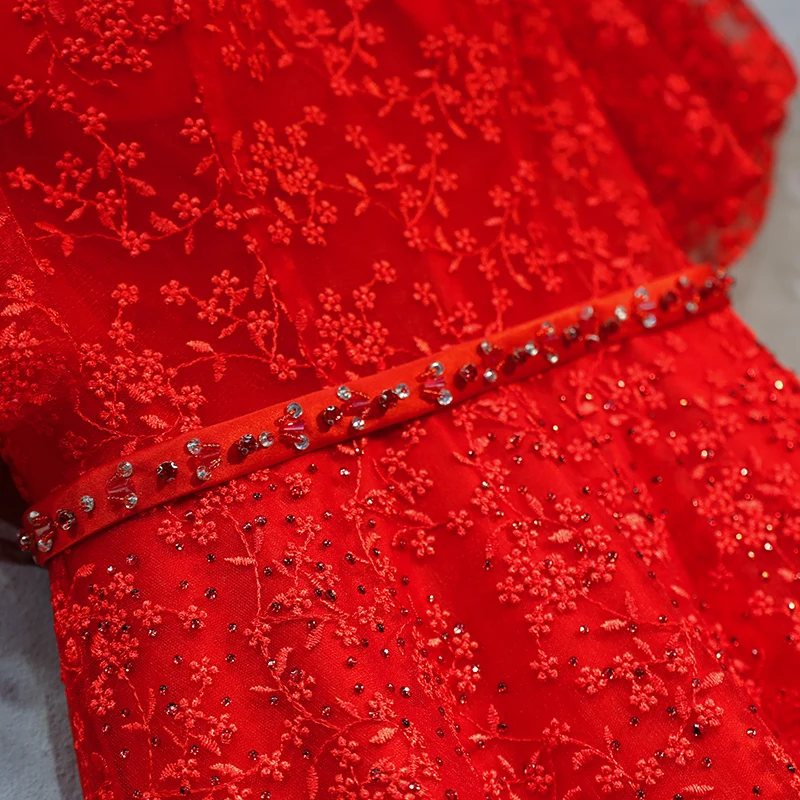 Sexy V-Neck Evening Dress Elegant Robe De Soiree A-line Short Sleeve Red Lace Dresses Long 2019 Vestido Festa |