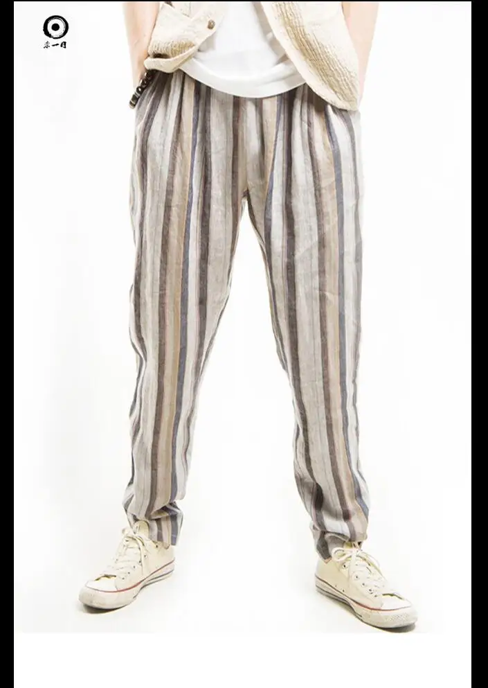 

M-3xl 2021 New Men's Hfashion Casual Linen Stripe Loose Thin Skinny Pants Taper Casual Pants Hairstylist Comfortable Trousers