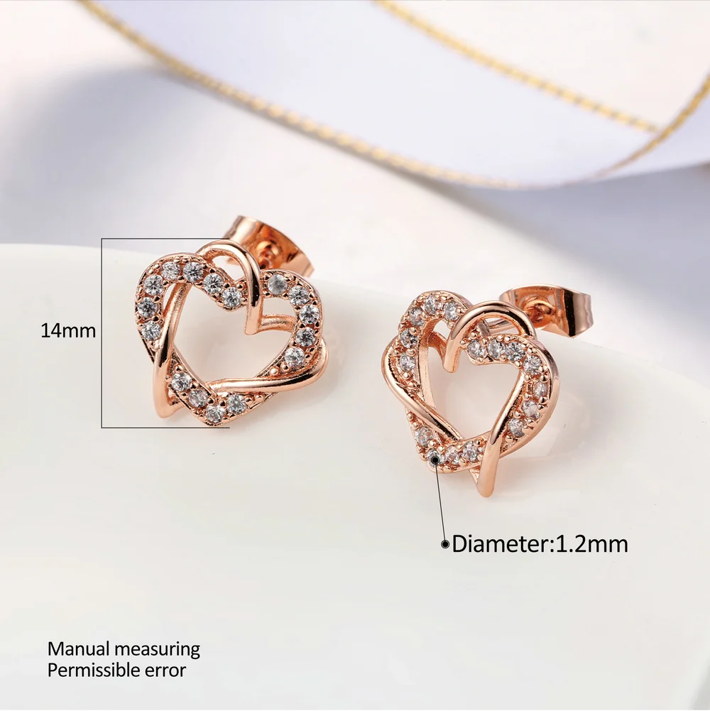 Женские серьги гвоздики в форме сердца с фианитом|stud earrings rose gold|cubic zirconia stud