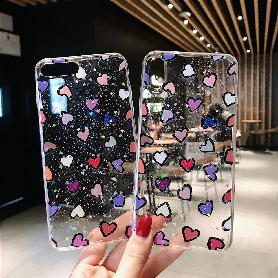 Glitter love heart phone cover carcasa for Apple iPhone X XR XS MAX 6s 8 plus 6 7 cell cases |