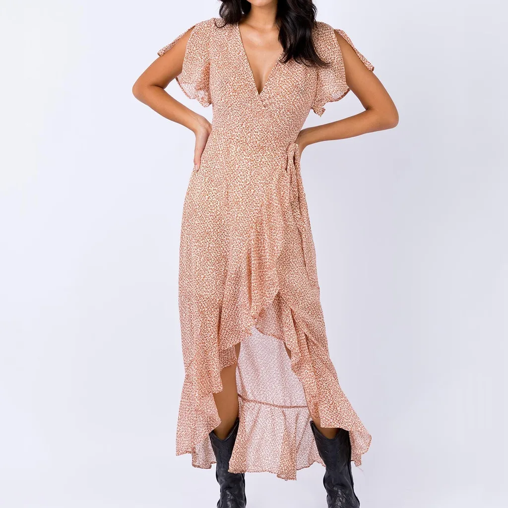 Vestidos Повседневное Mujer плиссированное платье с длинными Для женщин; сезон лето; с v-образным вырезом и расклешенными рукавами Бандажное платье с разрезами с оборками с леопардовым принтом платье Z4