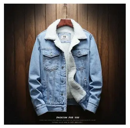 Light blue Теплая Флисовая джинсовая куртка зимняя модная мужская джинсовая куртка мужская куртка и пальто трендовая верхняя одежда мужская Ковбойская Одежда homme S-6XL - Цвет: Light blue