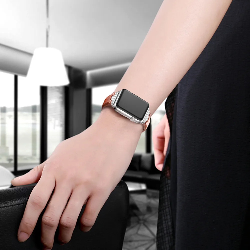Genuine Leather watch Strap For apple watch band 4 44/40mm Diamond Bracelet for iwatch Series 3 2 1 42/38mm watches accessories