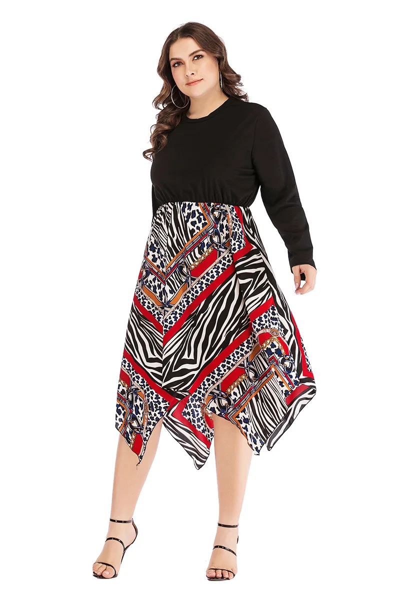 Женское офисное платье с принтом летнее богемное пляжное круглым вырезом и