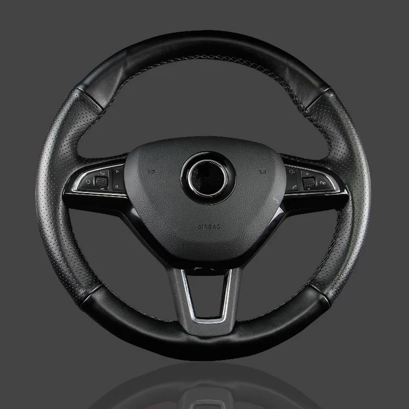 Черный DIY натуральная кожа чехол рулевого колеса автомобиля обёрточная бумага чехол оплетка для Skoda rapid superb kodiaq karoq octavia yeti - Название цвета: black black