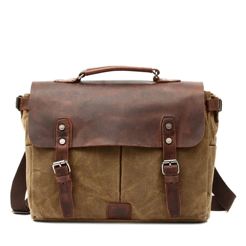 Koop 15.6 Inch Tas Voor Heren Vintage Canvas Leather Laptop Messenger Bags Mannen Zakelijke Aktetas Vintage Grote Schoudertas