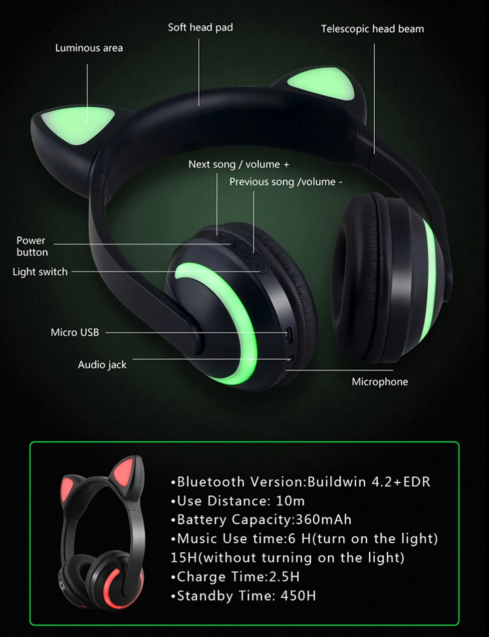 BONWAYE беспроводные Bluetooth кошачьи наушники с семью видами светодиодный светильник мигающий Светящийся Косплей Необычные кошачьи наушники подарки